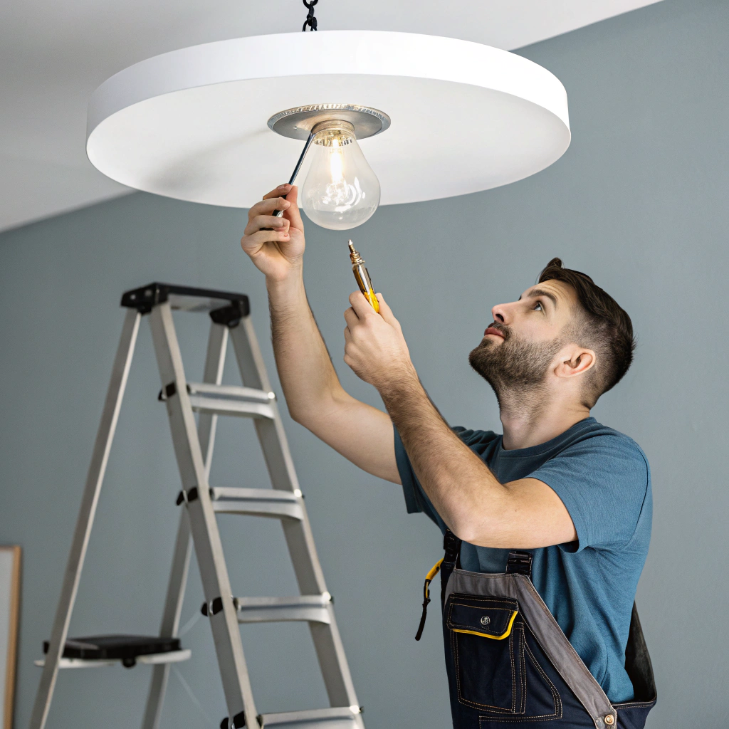 Commercial electrician working on office lighting