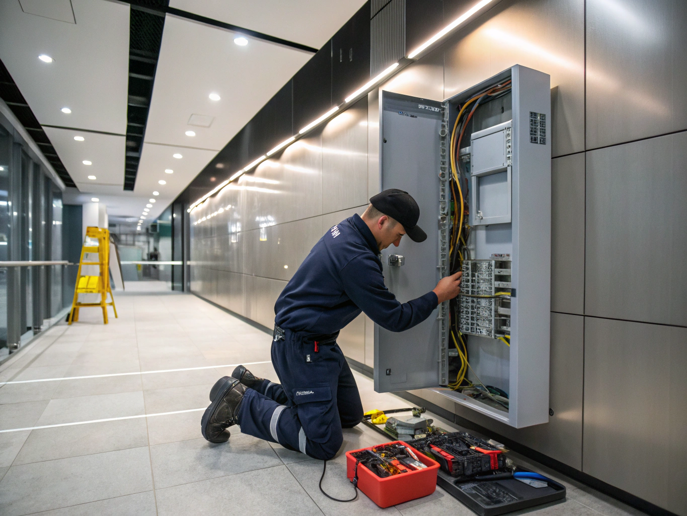 Professional electrician installing a modern electrical panel