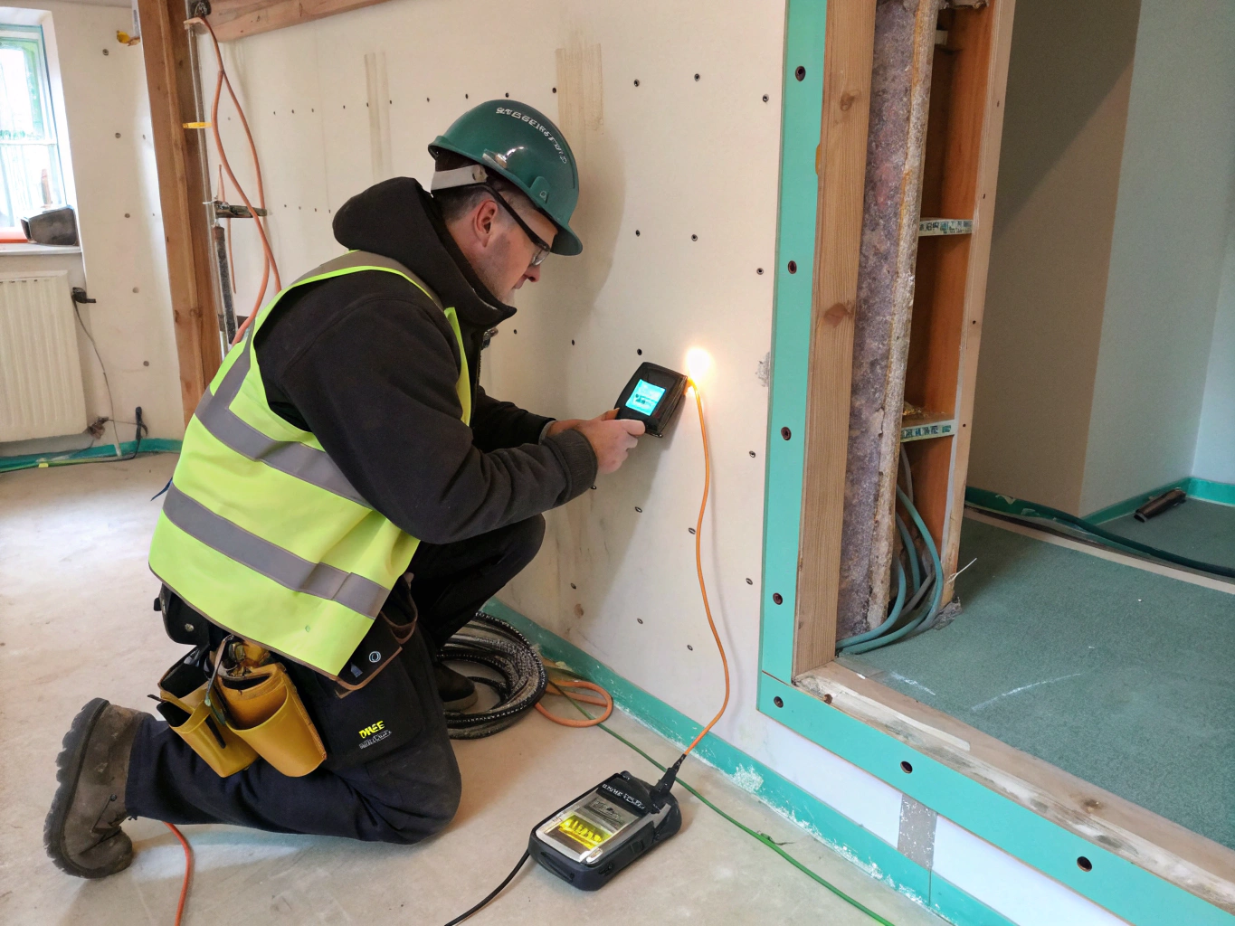 Electrician using diagnostic tools to repair wiring