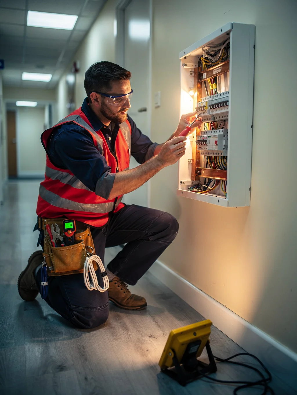 Professional electrician installing a modern electrical panel