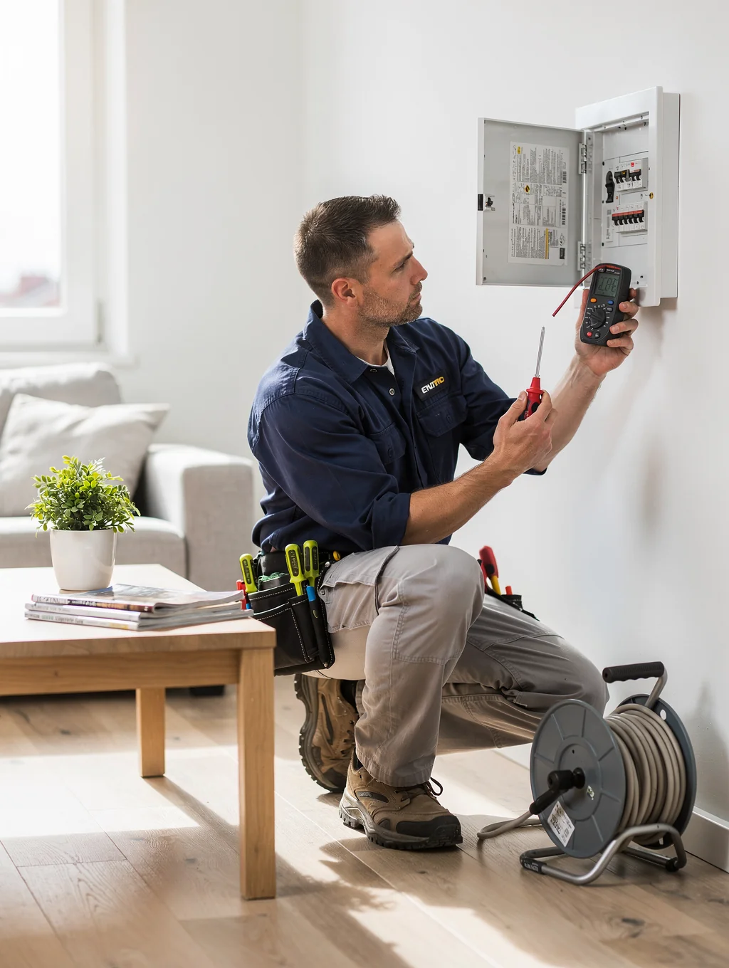 Professional electrician performing a safe panel upgrade in a residential home