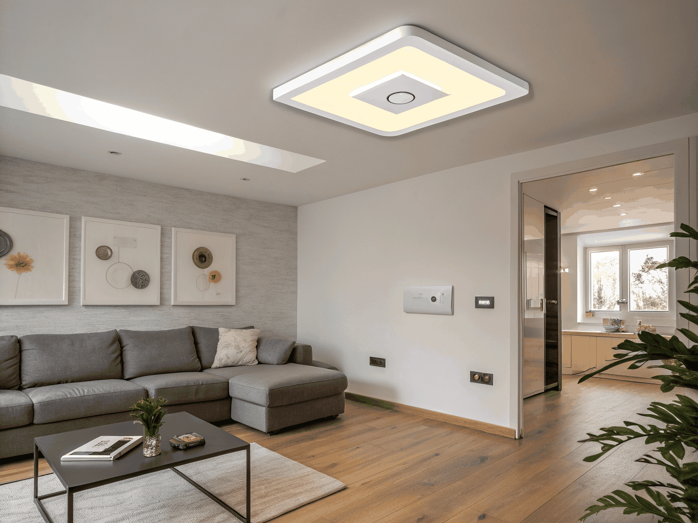 Modern recessed lighting in a bright living room